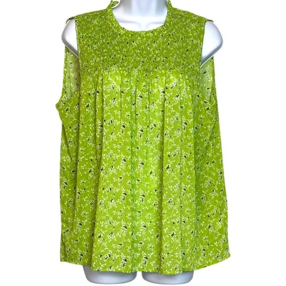 Rachel Zoe Lime Green Smocked Sleeveless Sz Lg Boho Floral Blouse - Picture 1 of 7